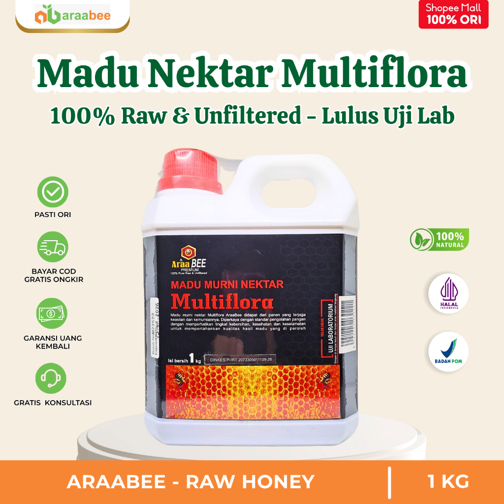 

ARAABEE Madu Multiflora Murni 1 kg Asli 100% RAW Honey Unfiltered Tanpa Campuran