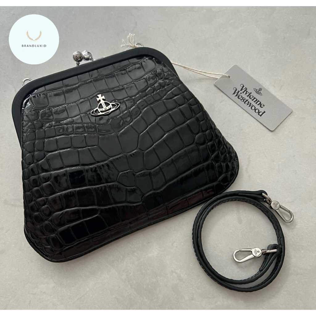 Vivienne westwood granny frame clutch bag in black croc