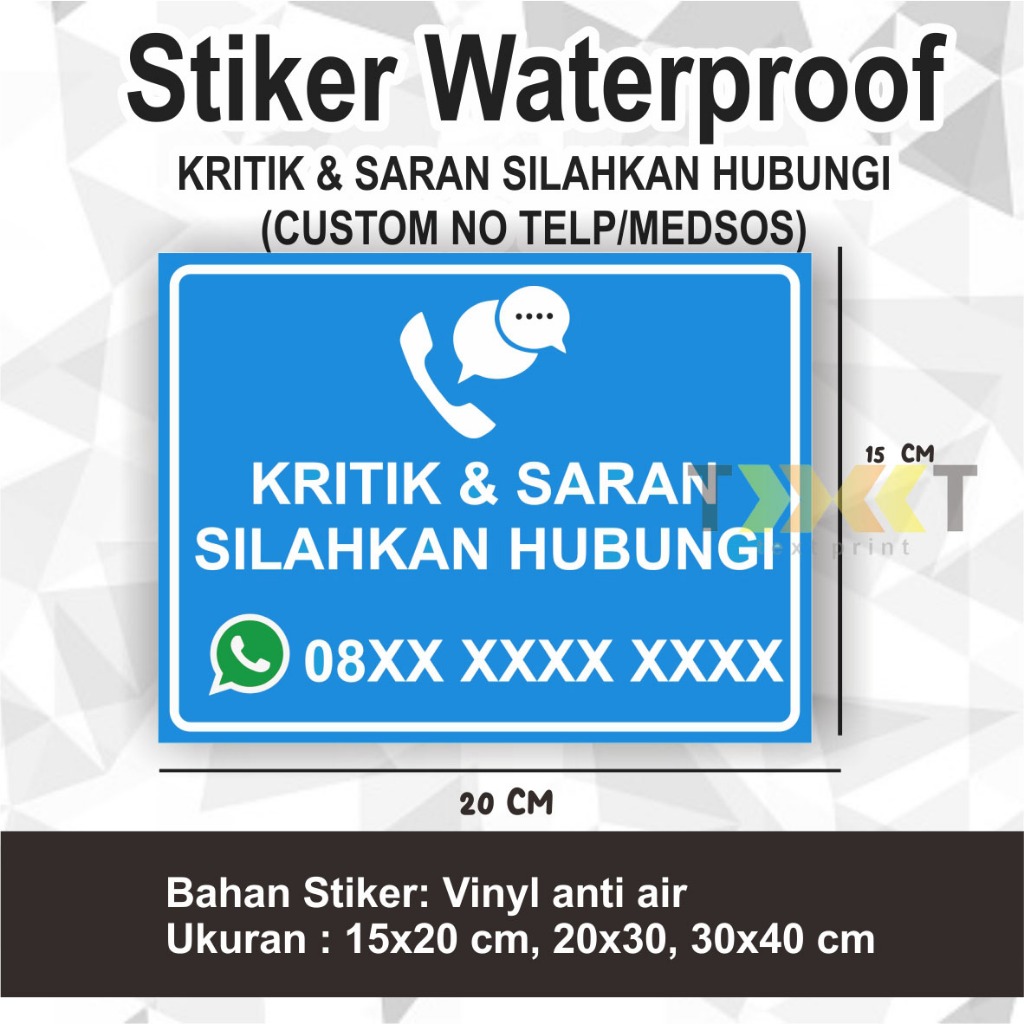 

STIKER WATERPROOF KRITIK & SARAN SILAHKAN HUBUNGI (CUSTOM NO TELP/ MEDSOS)