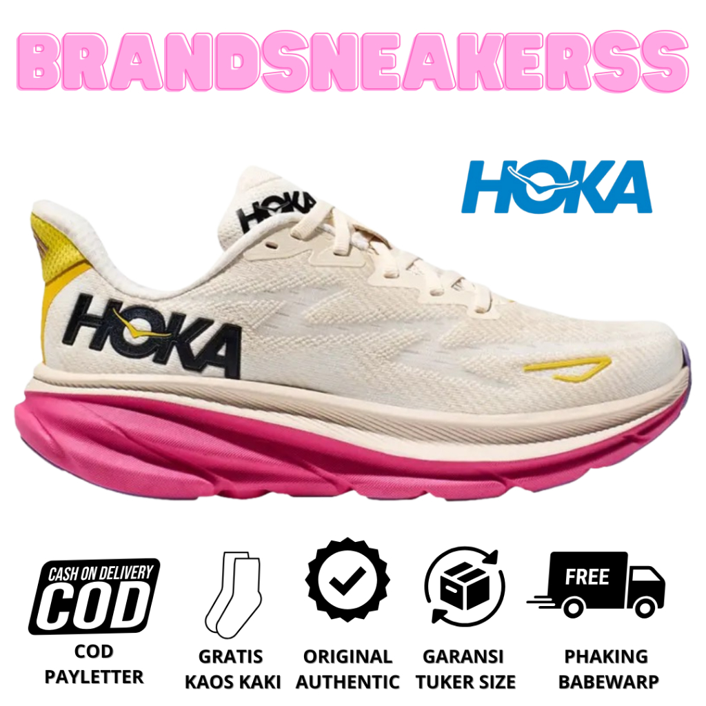 Sepatu Running Wanita Hoka Original Hoka Clifton 9 Eggnog Pink