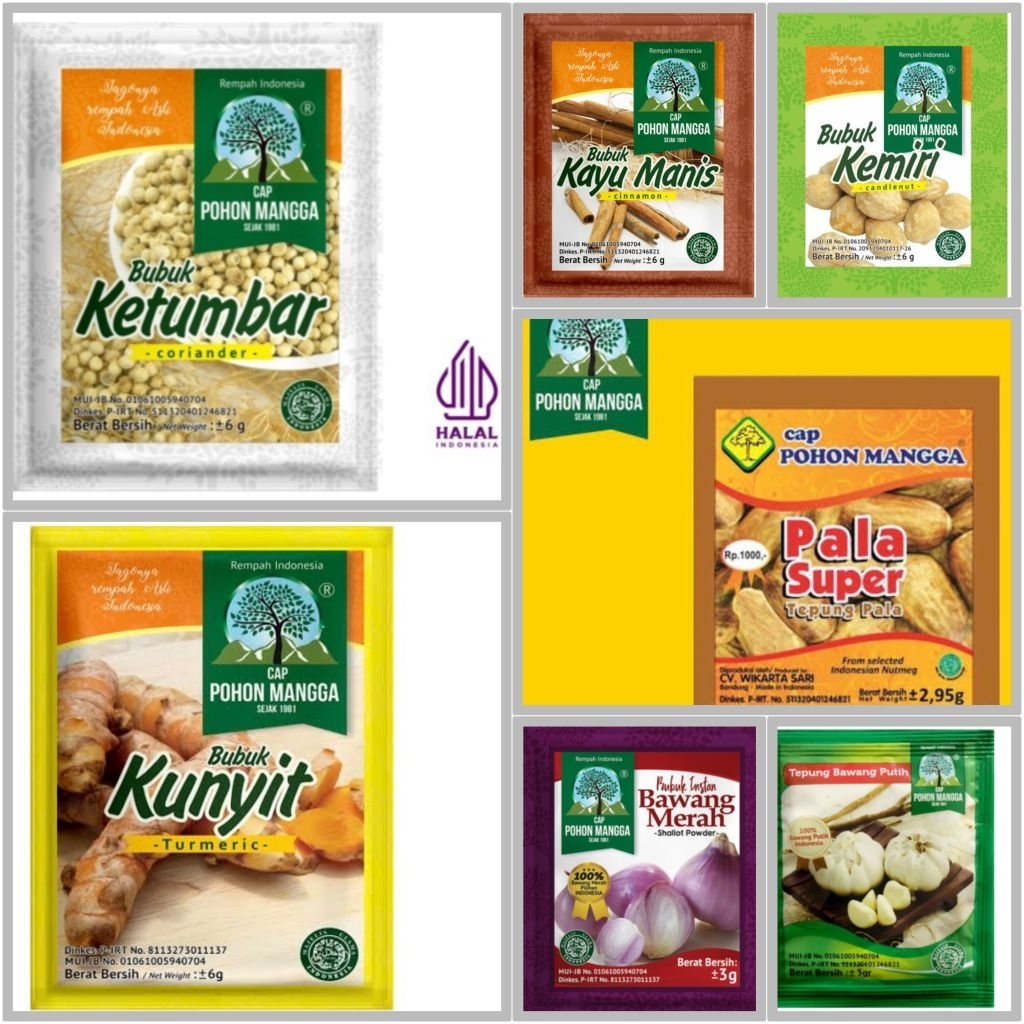 

Cap Pohon Mangga (Ketumbar / Kunyit / Kayu Manis / Kemiri / Pala Super / Bawang Merah / Bawang Putih) bumbu bubuk