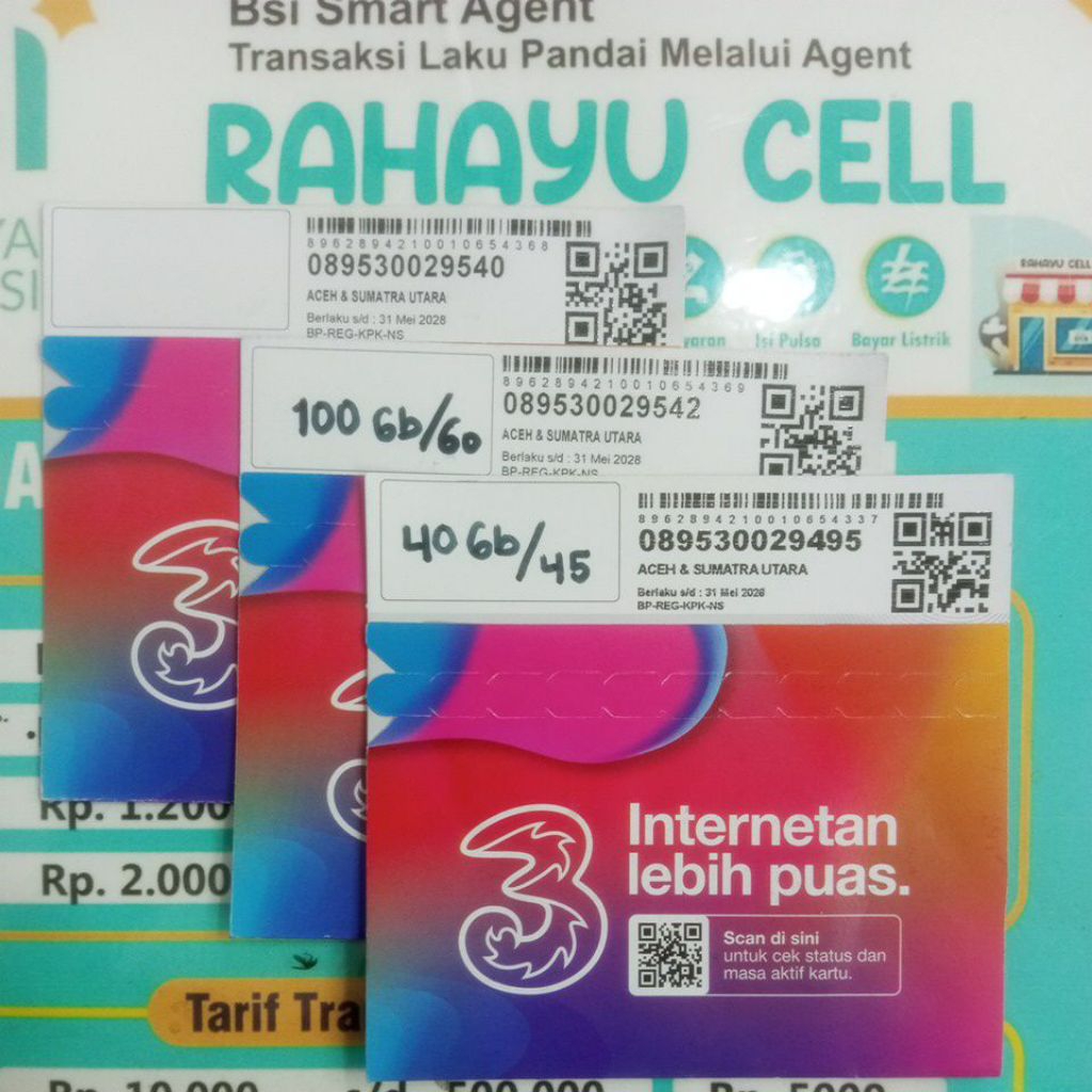 KARTU PERDANA TRI OK, SEGEL, KOUTA 3gb,17gb,25gb