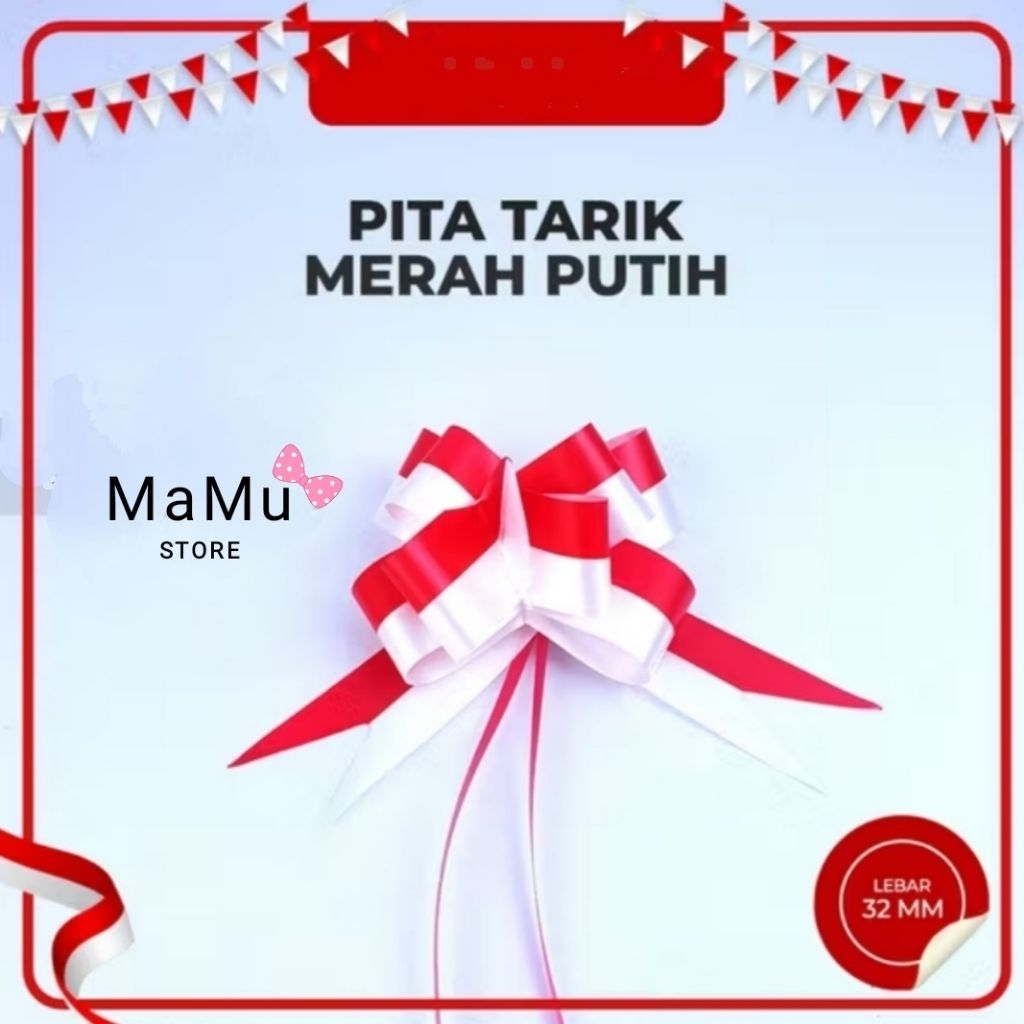 

1 plastik (10 helai) Pita Tarik Merah Putih 32mm / Pita Serut Merah Putih / Pita parcel sovenir