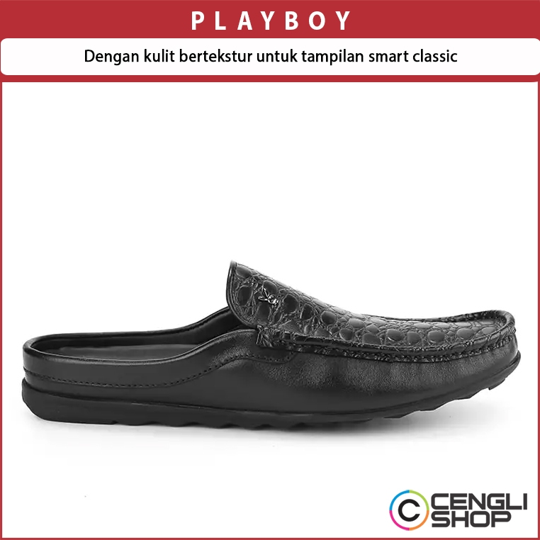 SEPATU SANDAL PLAYBOY PRIA ORIGINAL KULIT ASLI SENDAL SLIP ON SLOP SELOP HITAM PL06