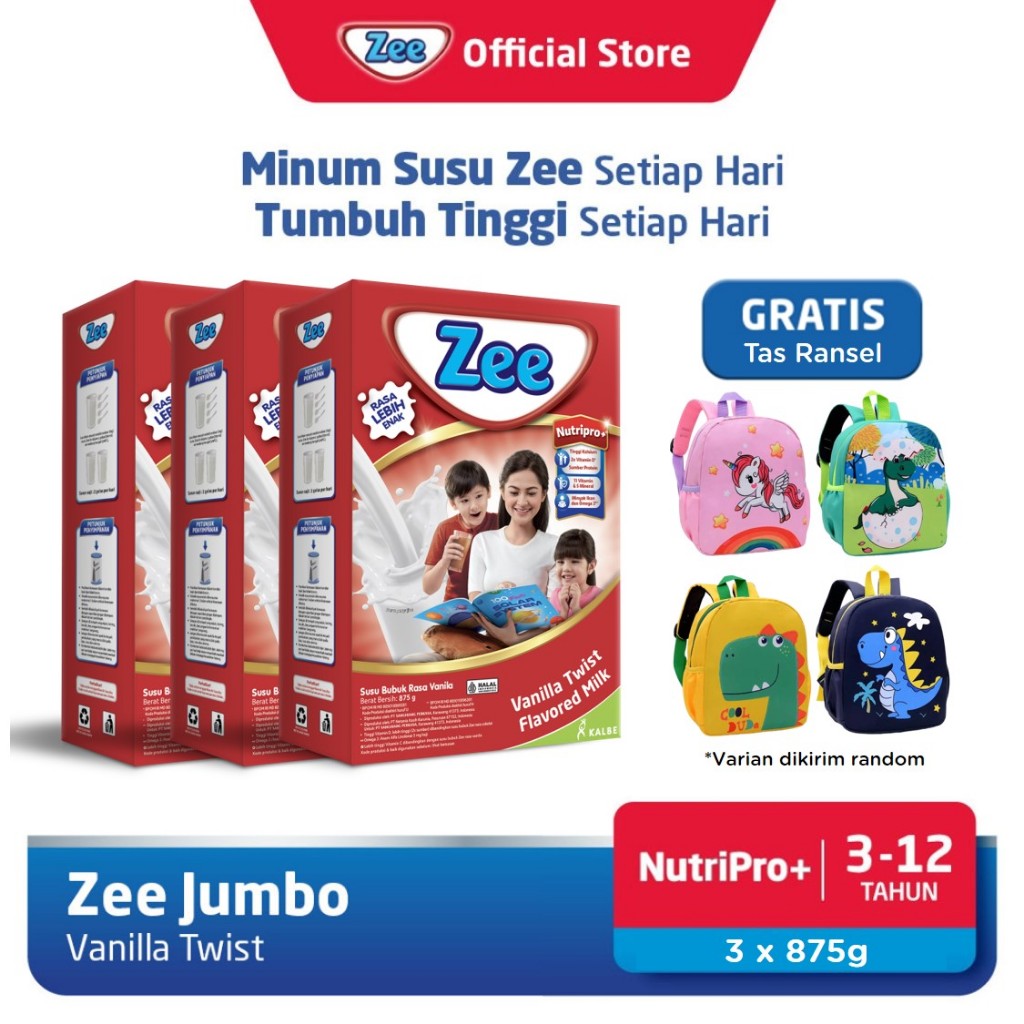 

[3 Pack] Zee Reguler Jumbo Vanilla Twist Milk 875gr Free Tas Ransel
