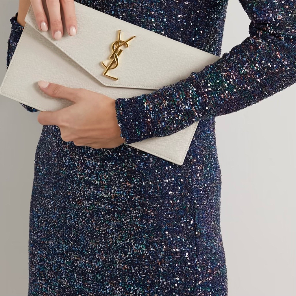 SAINT LAURENT YSL Uptown Small Envelope Pouch Pochette Clutch Bag in Grained de Poudre Leather