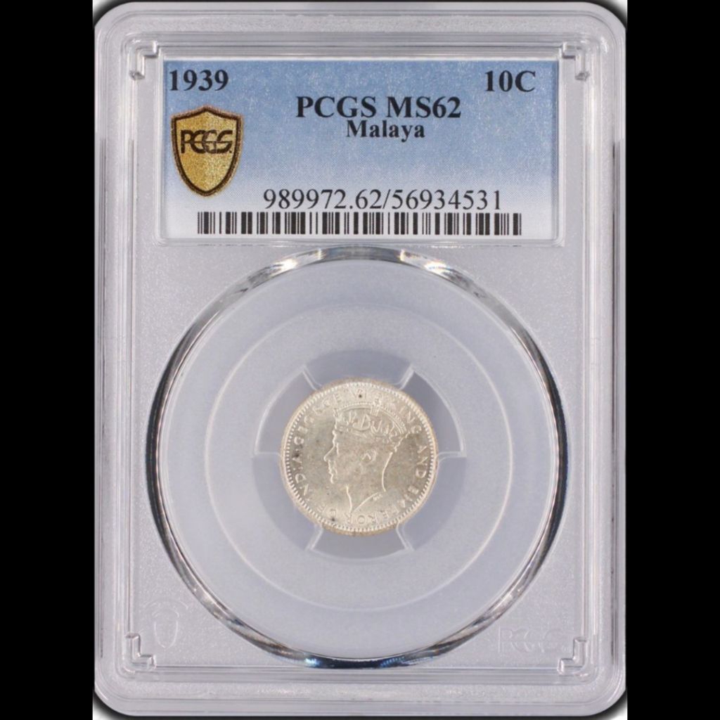 KOIN PERAK MALAYA 10 CENT 1939 PCGS MS62 56934531