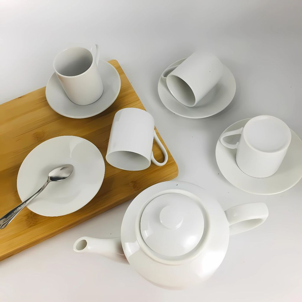 Teko Keramik Set Polos Putih Gelas dan Piring Isi 4pc