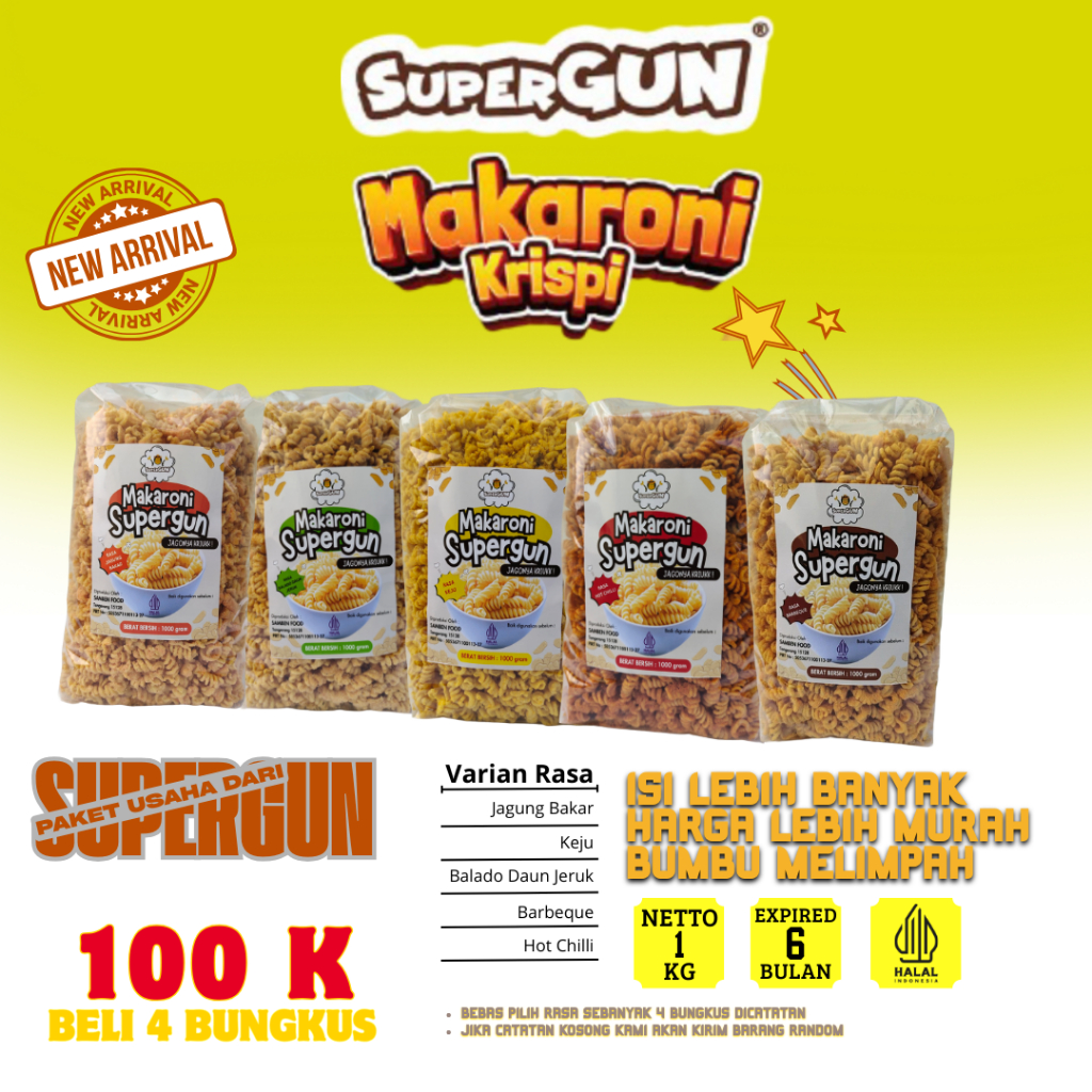 

Paket Usaha Supergun Makaroni Goreng Spiral 1 kg (per bungkus)