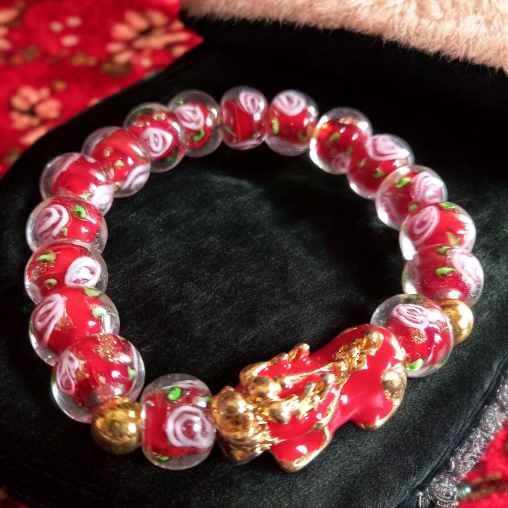 Gelang Phixiu merah emas bandulan monte morano bunga