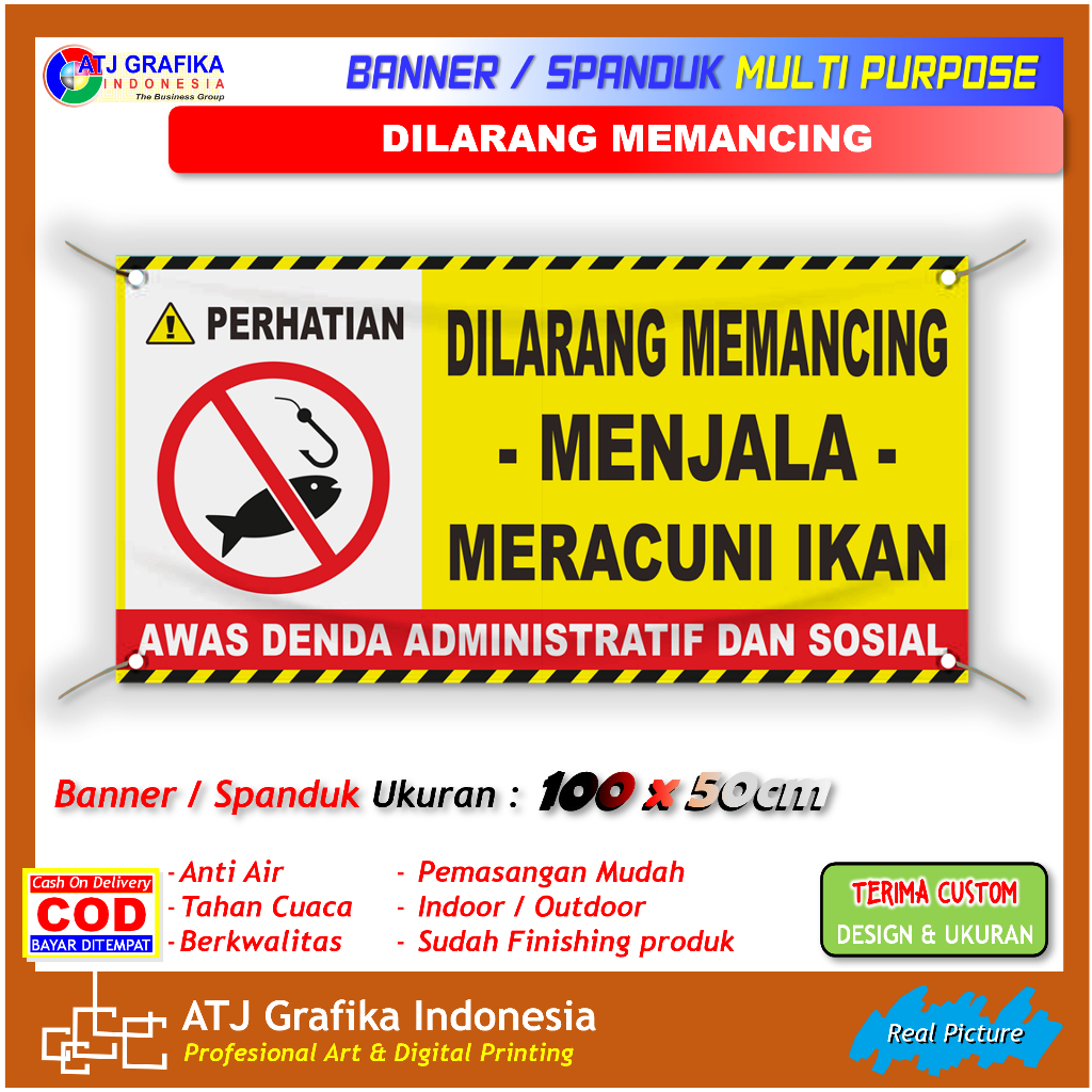 Banner spanduk tulisan dilarang memancing menjala ikan peringatan kelestarian alam lingkungan