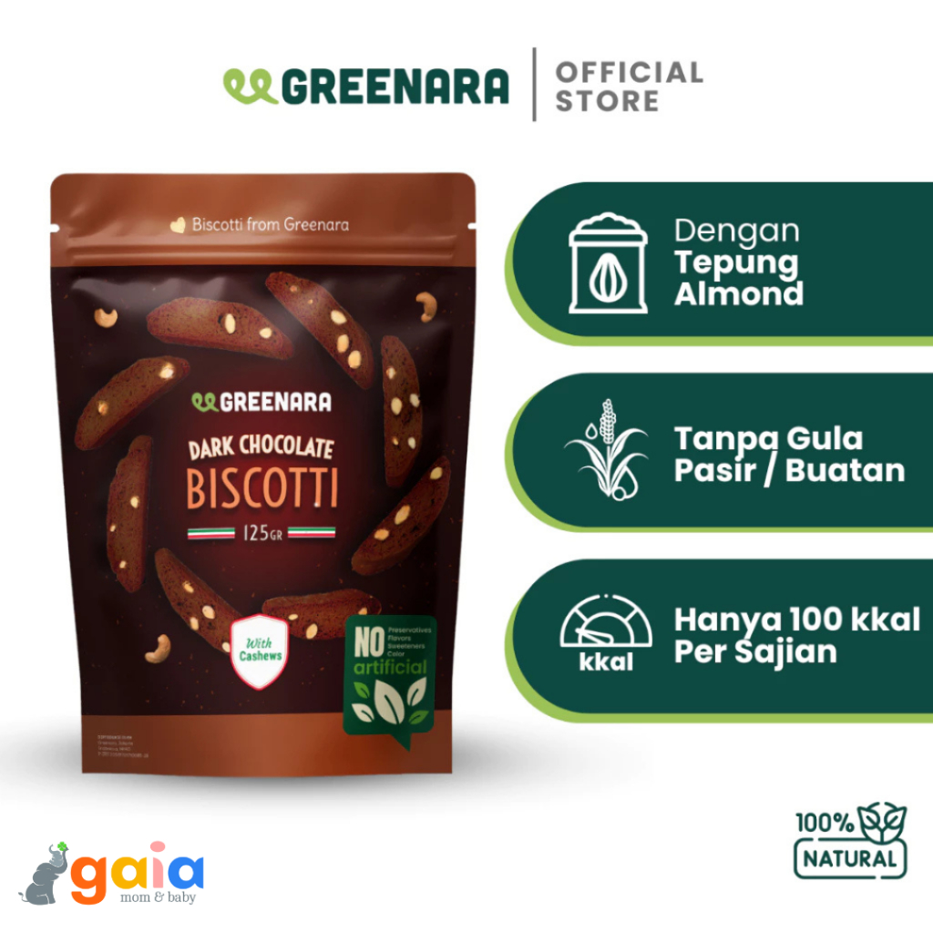 

Greenara Dark Choco Biscotti 125gr | Biskuit Sehat Less Gluten Bebas Gula Pasir