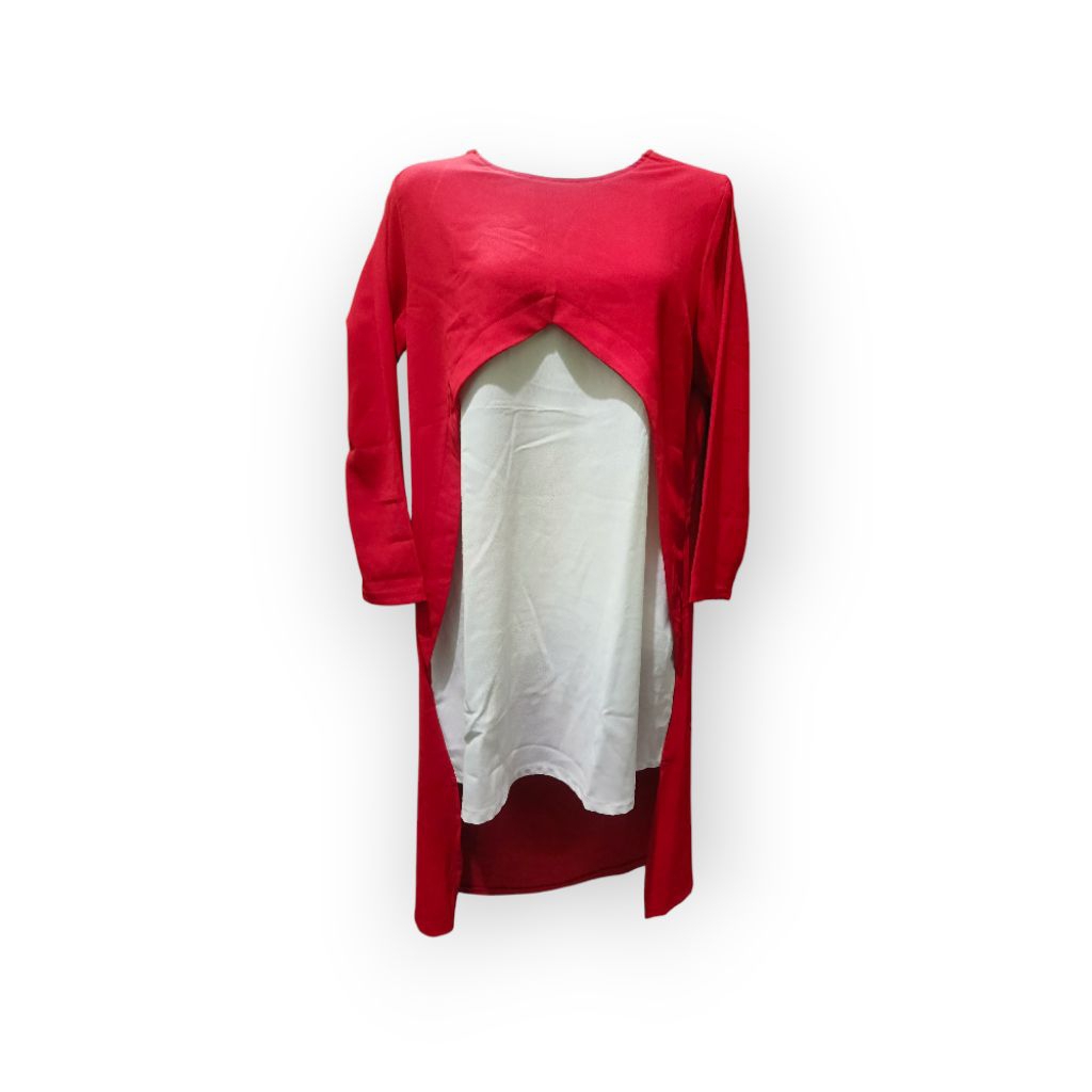Blus Tunik Lengan Panjang Wanita Warna Merah Putih