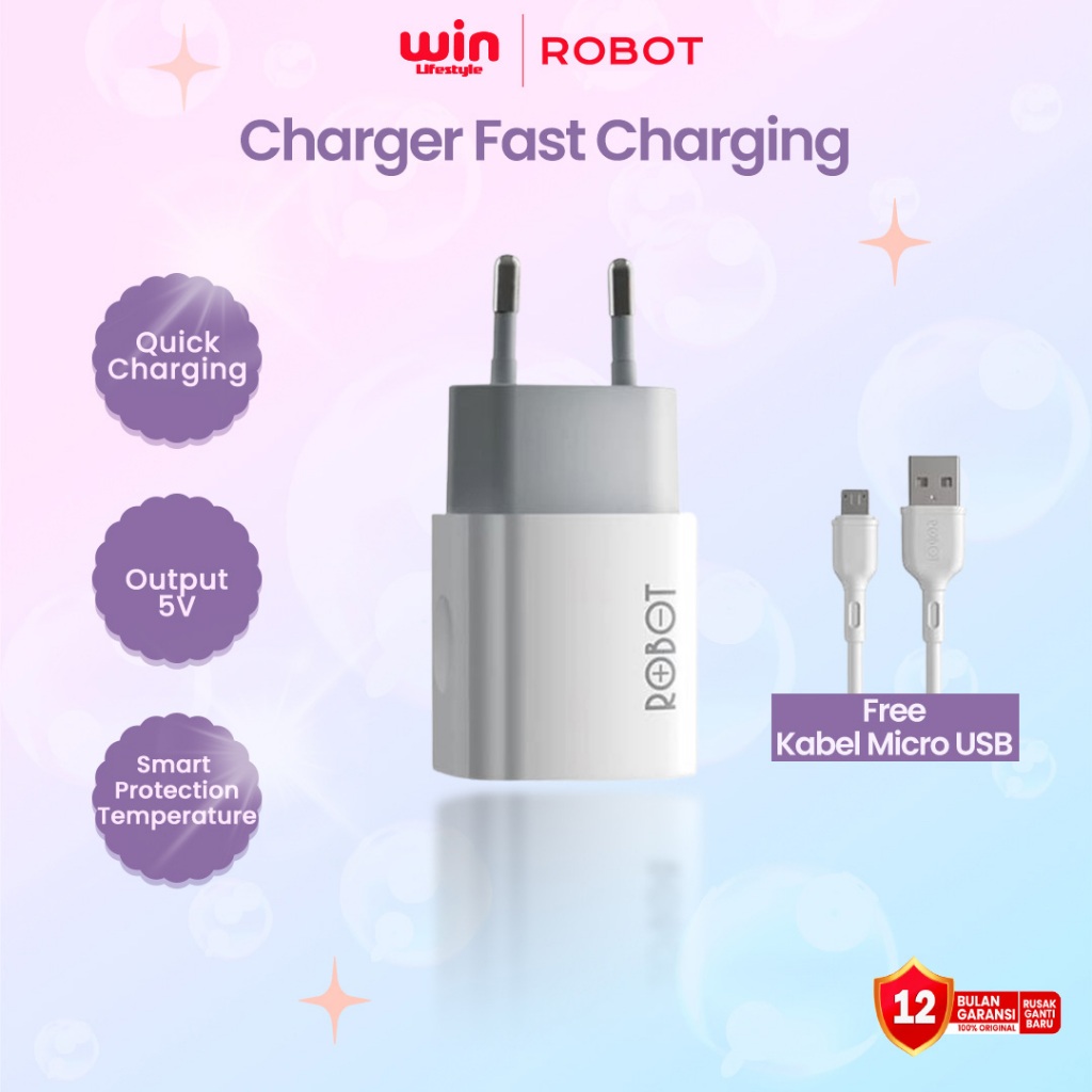[BEST SELLING] ROBOT RT-L1 Charger Single Port Fast Charging Free Kabel Micro USB Kepala Charger Ada