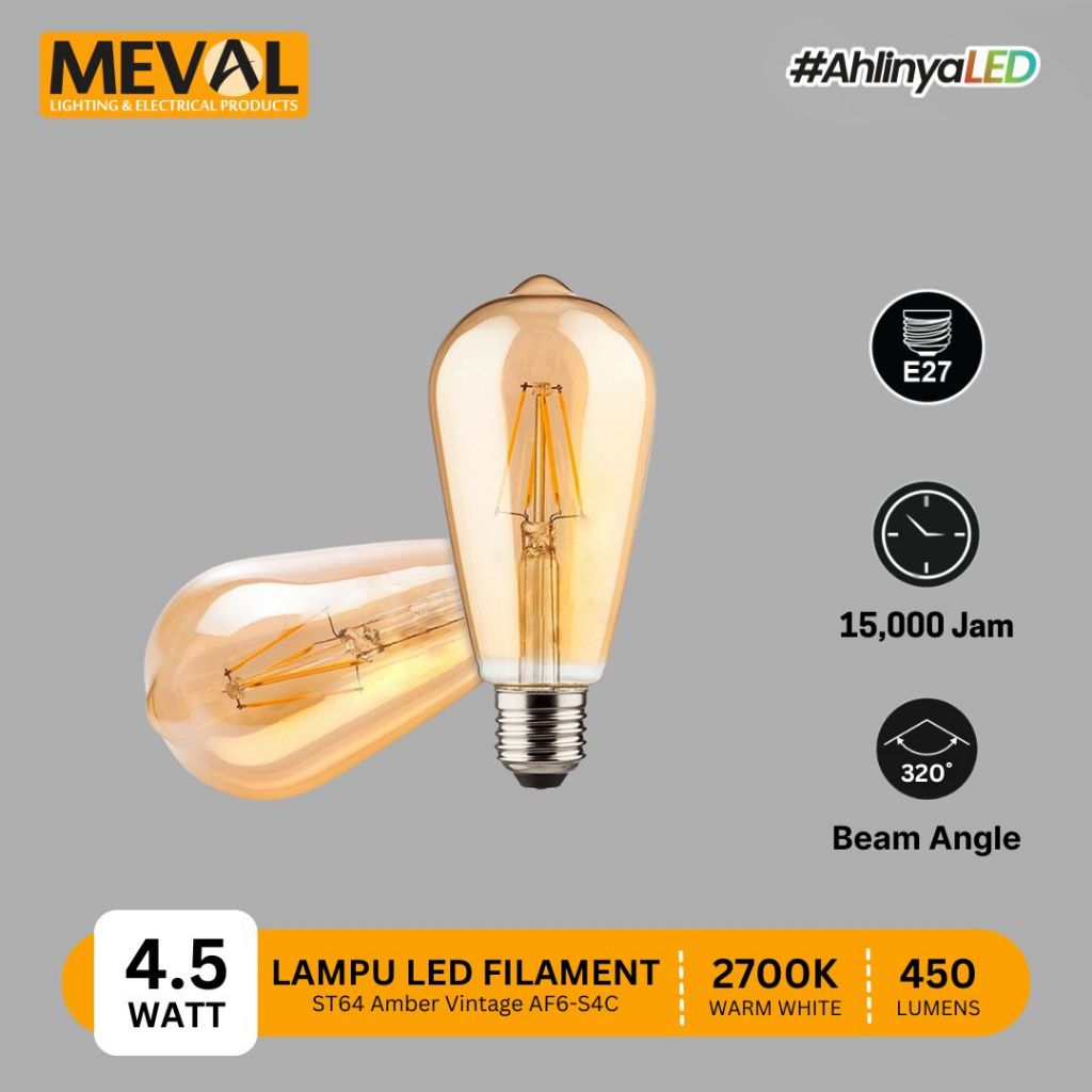 MEVAL Lampu Klasik LED Filament Vintage Amber Glass ST64 atau G80 - Kuning