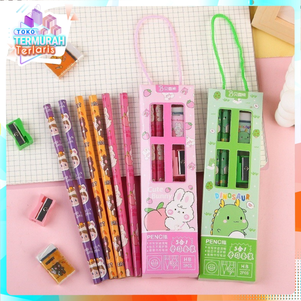 

TTT Stationery Set 5in1 Set Alat Tulis Anak Sekolah Penghapus penggaris Pensil Serutan Karakter Lucu Set Alat Tulis Anak Motif Kartun