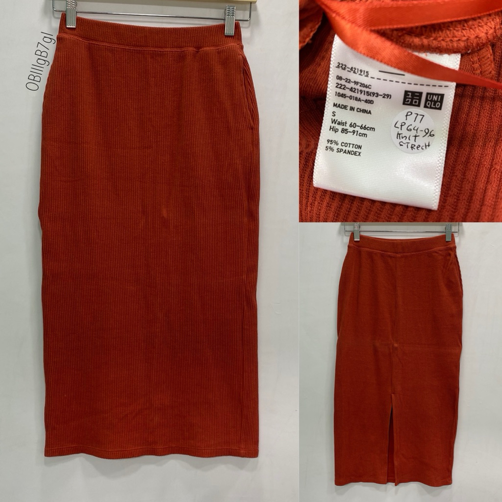 Uniqlo midi skirt rok span merah bata size S M pleated knit spandex
