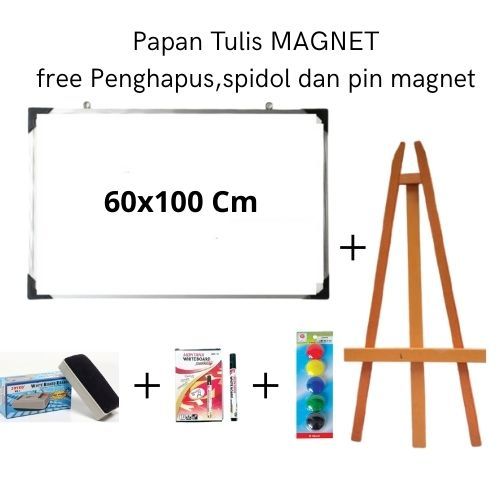 

Paket Komplit Papan Tulis Magnet dan Stand 60x100 cm free spidol+ penghapus dan pin