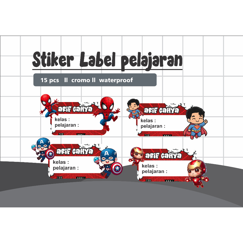 

stiker pelajaran tema superhero - isi 15 pcs sticker lebel nama anak custom lebel pelajaran pensil buku ATK