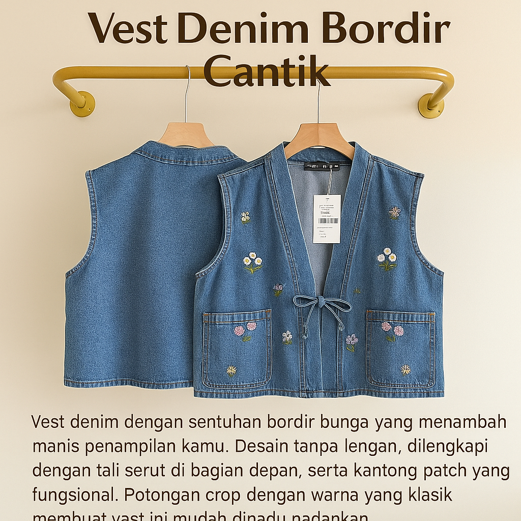 Rompi Jeans Bordir Bunga Cantik Wanita Import – Outer Denim Casual Premium Kekinian