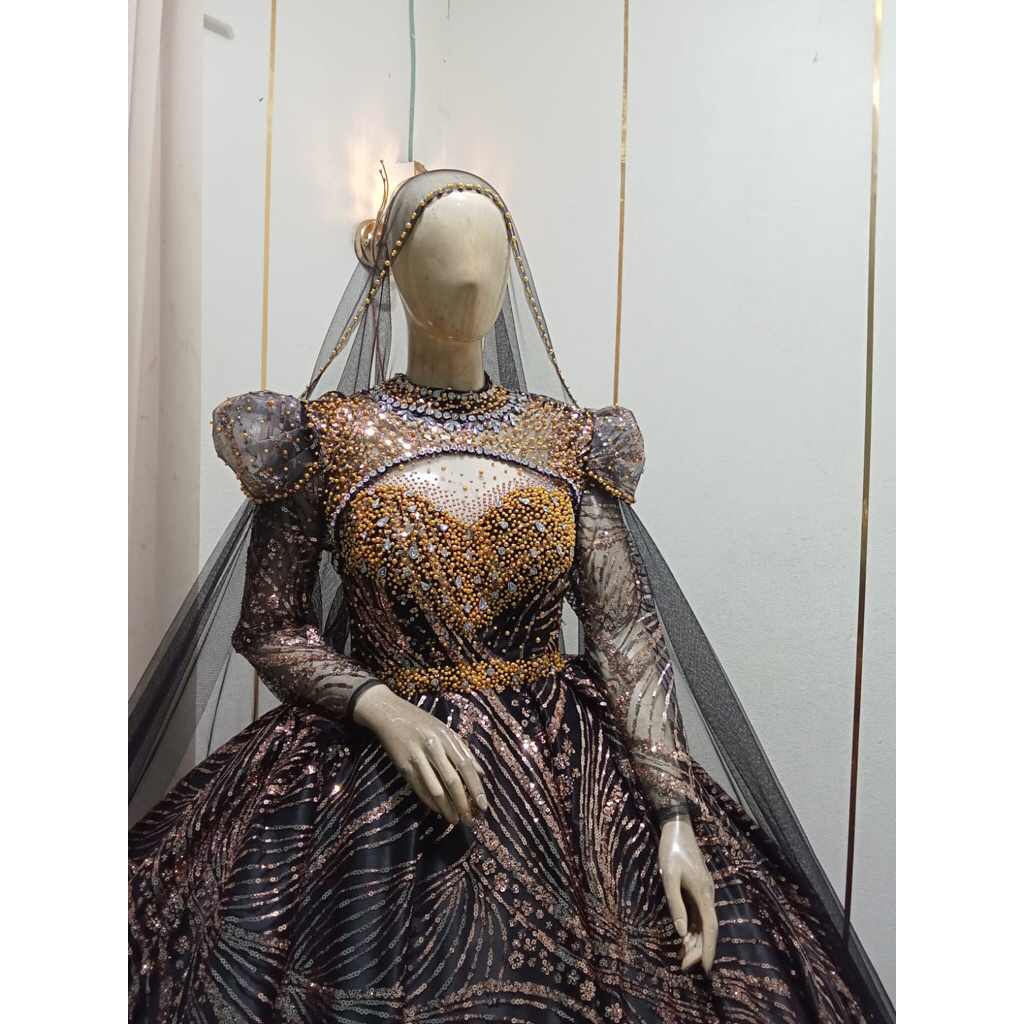 gaun hitam gold luxury