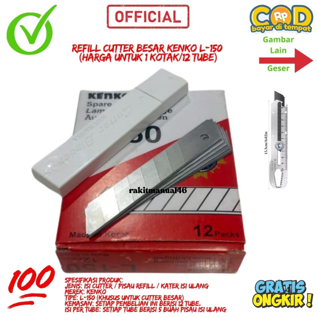 

Refill Cutter Besar Kenko L-150 Pisau Besar Tajam Kater Pengisian Ulang (Harga Untuk 1 Kotak/12 Tube)