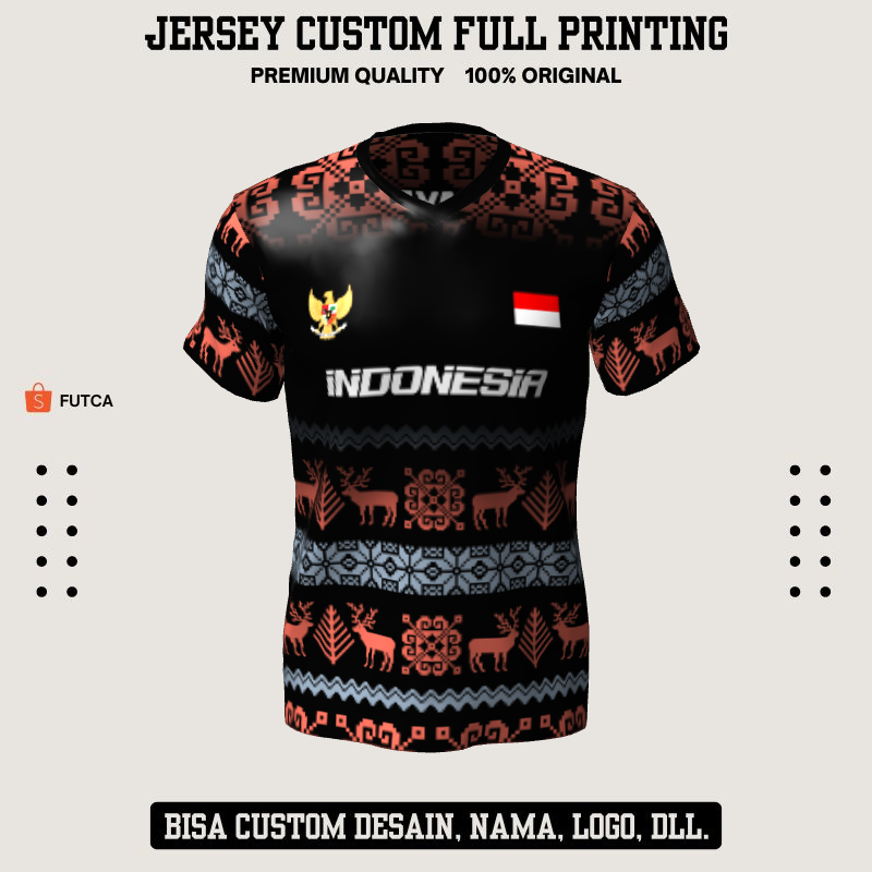Kaos Jersey Futsal Hitam Motif Batik Rusa 100 - Jersey Baju Olahraga Full Printing