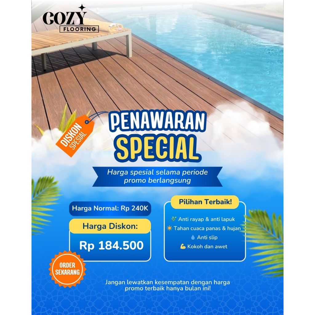 WPC Decking Lantai Outdoor motif corak kayu | Decking batangan panjang 2,9m