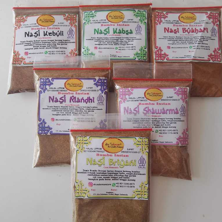 

Ekstra Lebih Hemat ! Bumbu Kebuli Briyani Kabsah Mandhi Bukhori shawarma Abu Sulaiman Jakarta / Bumbu Instan Timur Tengah / Abu Sulaiman Jakarta