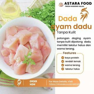 

Daging ayam dada fillet tanpa kulit potong dadu 1kg astara food