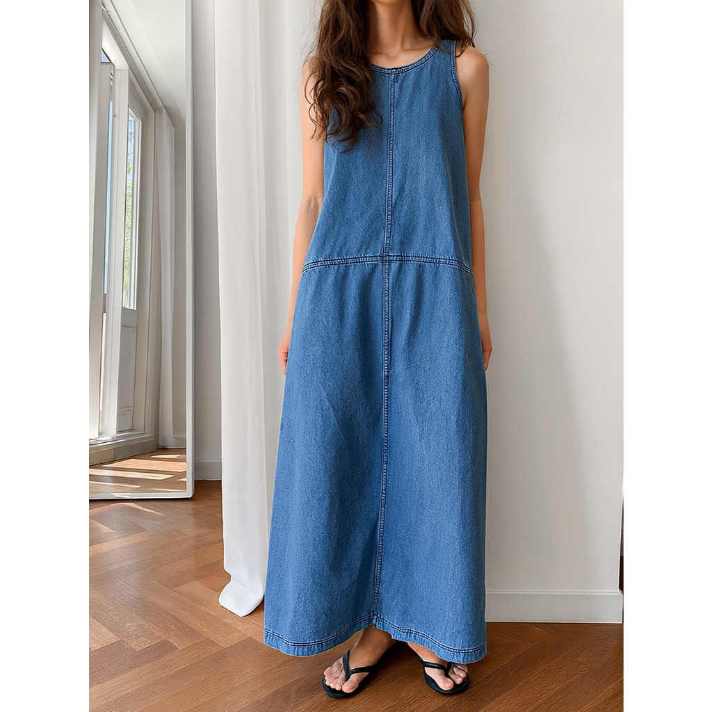 THESOOJI - Denim Sleeveless Dress - Baju Gaun Wanita Korea Denim Tanpa Lengan