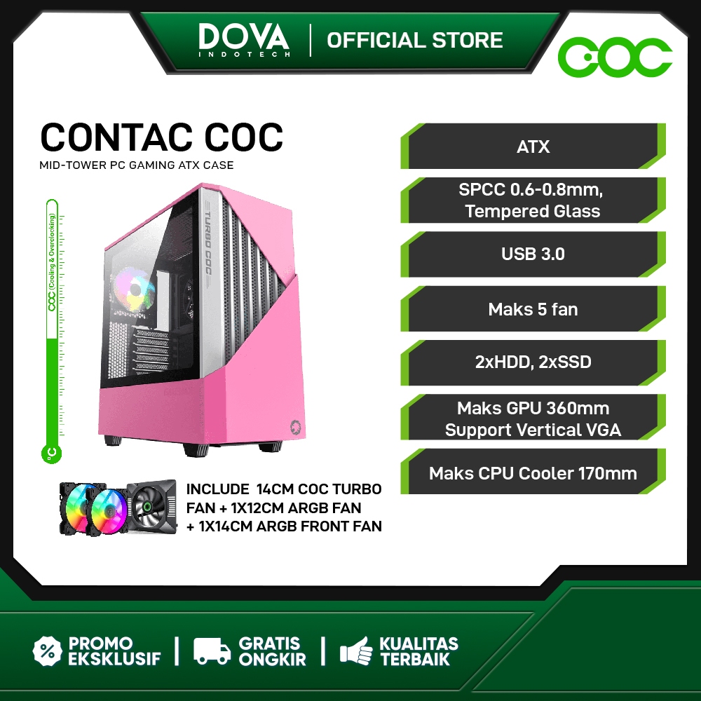 GameMax Contac COC White Pink E-ATX Gaming PC Case With COC Fan & PWM
