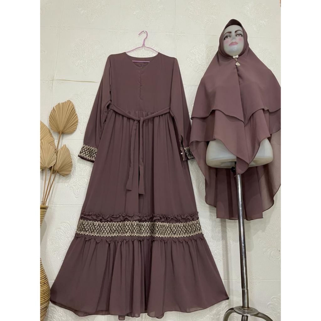 set syar'i gamis hijab soft ped antem jilbab ceruti renda