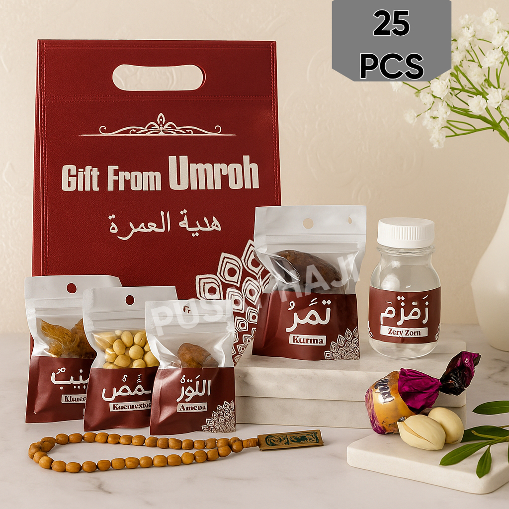 

Paket Oleh-Oleh Haji & Umroh 25PCS | Tas Goodie Bag Merah | Paket A-H