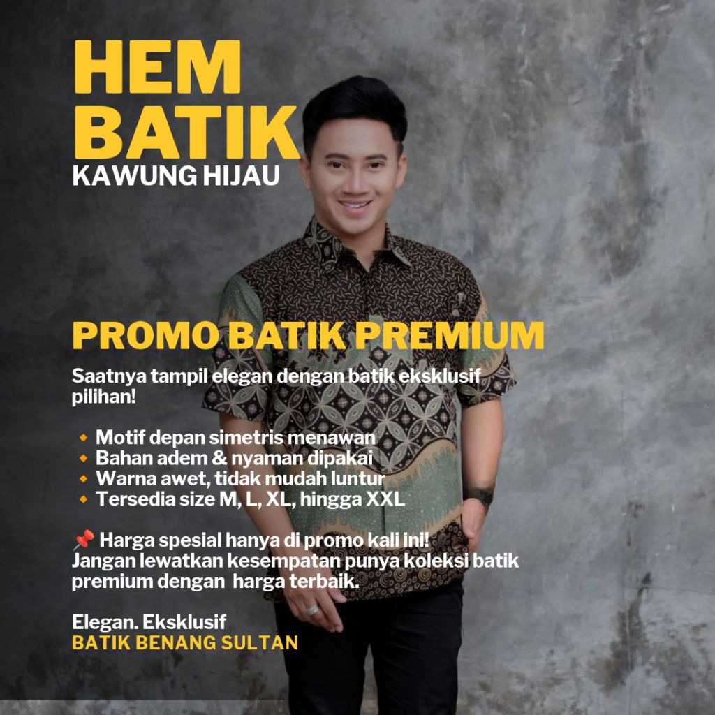 BATIK PRIA LENGAN PENDEK, MOTIF KAWUNG HIJAU, TEKSTUR KAIN HALUS, HARGA PROMO & TERMURAH.