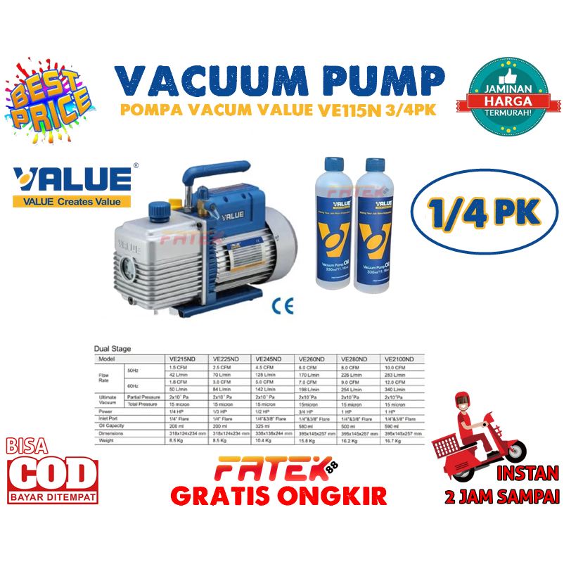 VACUUM PUMP VALUE VE115N 1/4HP VAKUM AC | VACUM PUMP VALUE VE 115 N | POMPA PAKUM FREON VE115 N 1/4P