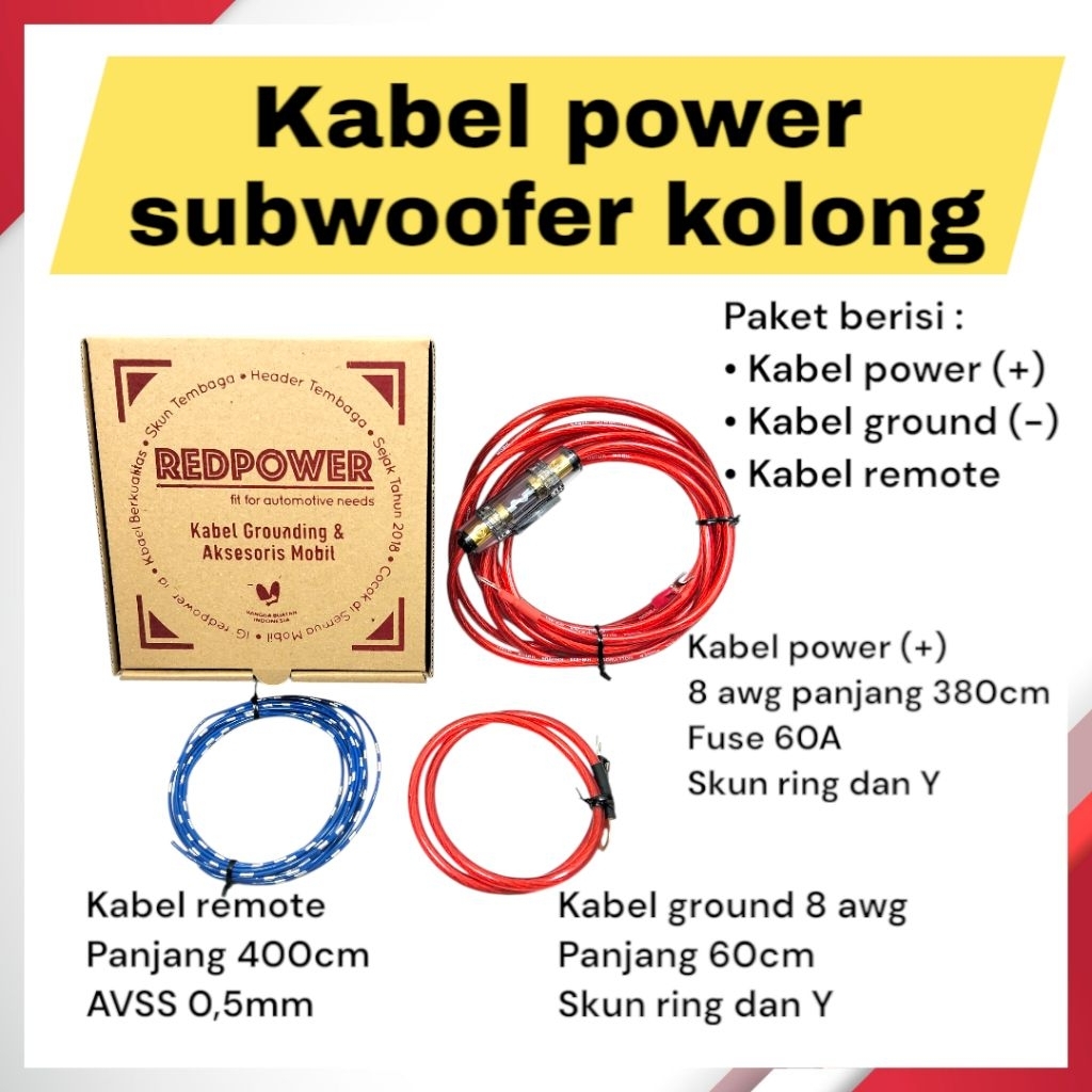 Redpower Kabel power ground wire kit untuk car audio mobil fuse subwoofer sub kolong mobil siap paka