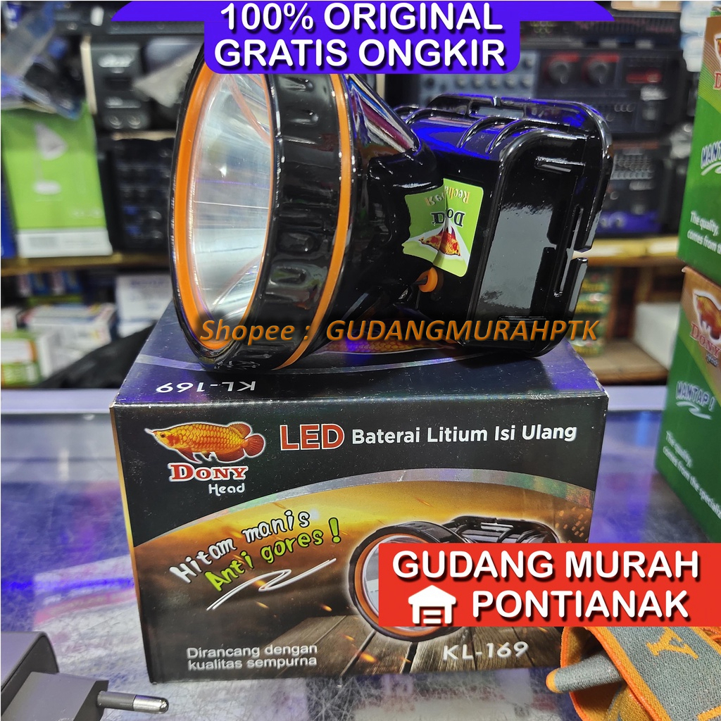 Senter Kepala DONY KL-169 ANTI GORES HITAM MANIS head lamp LAMPU TERANG DUA BATERAI CHARGE