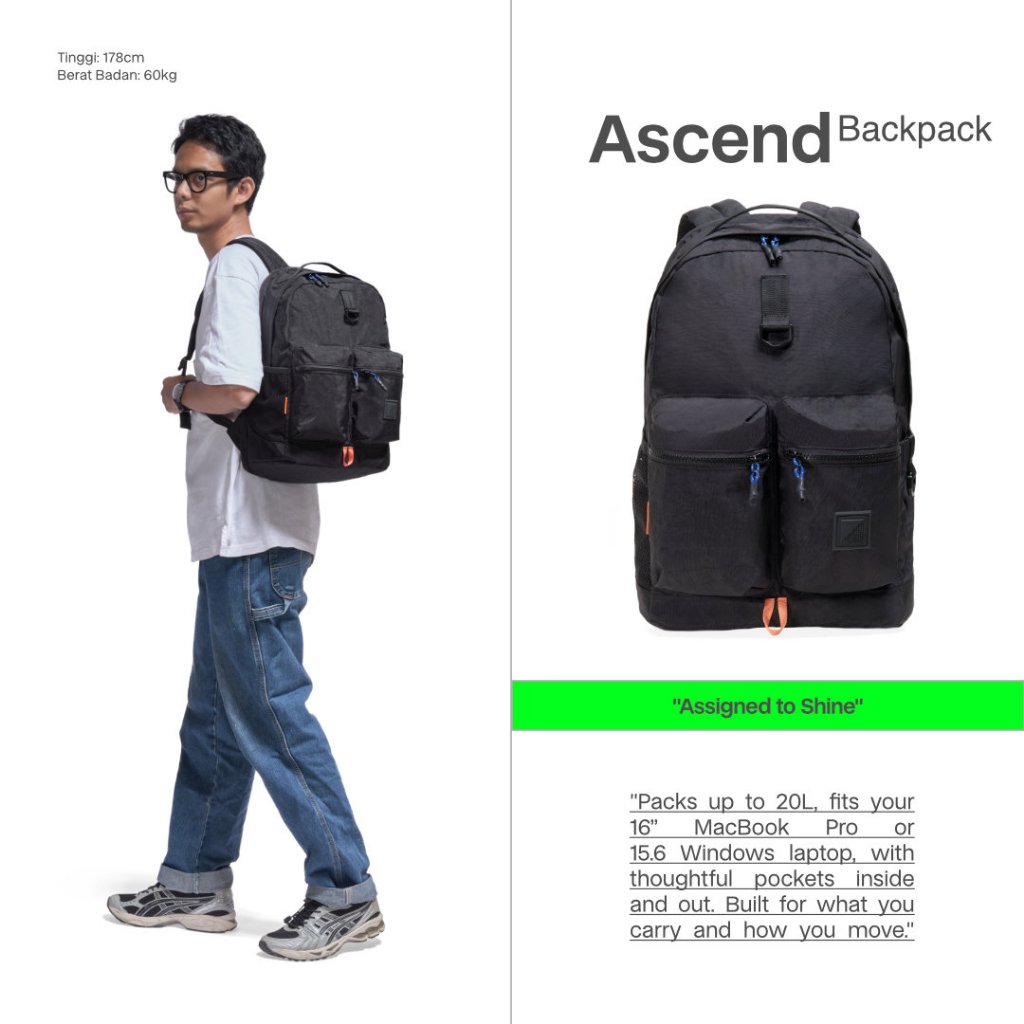 Tas Ransel Laptop 15 Inch SYMA. Ascend Backpack Pria Unisex - Hitam