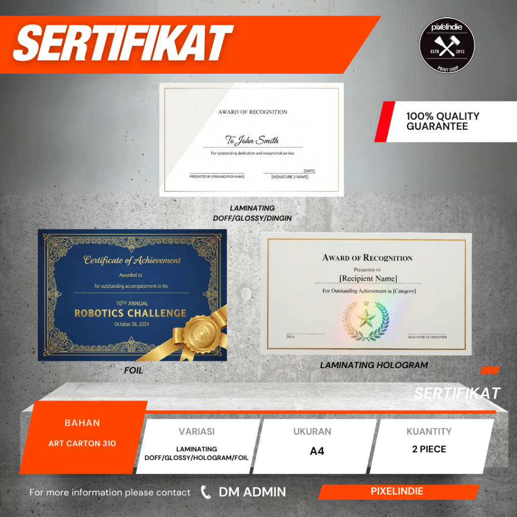 

Cetak Sertifikat/Piagam – Bahan Tebal Art Carton 310gsm | Kualitas Premium