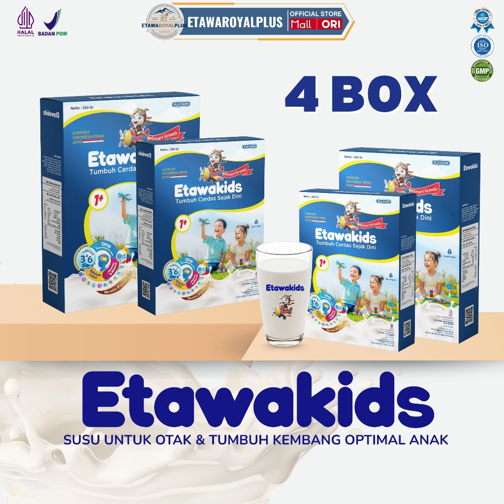 

Etawakids Platinum Susu Anak DHA, Omega 3, Omega 6, Fish Oil Powder Paket 4Box