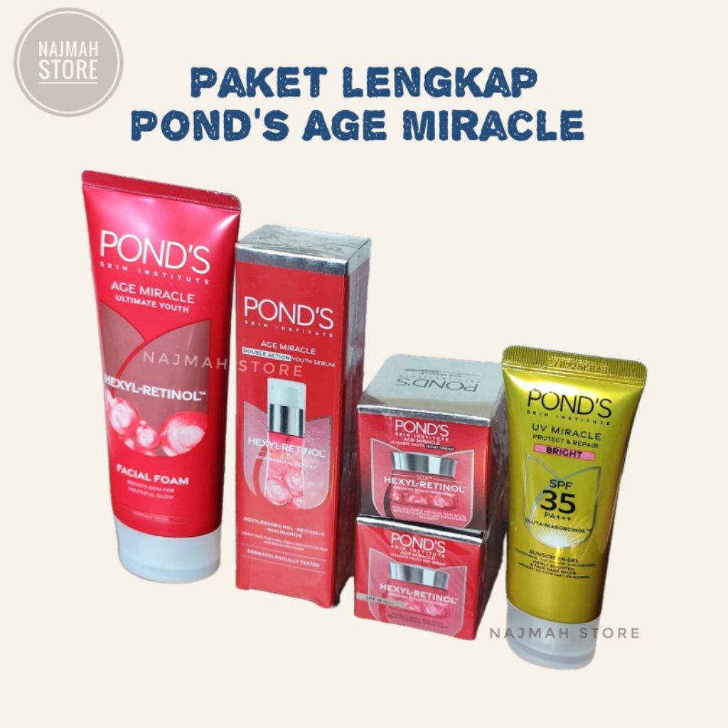 paket ponds age miracle sabun muka + serum + day & night cream + sunscreen antiaging mencerahkan glo