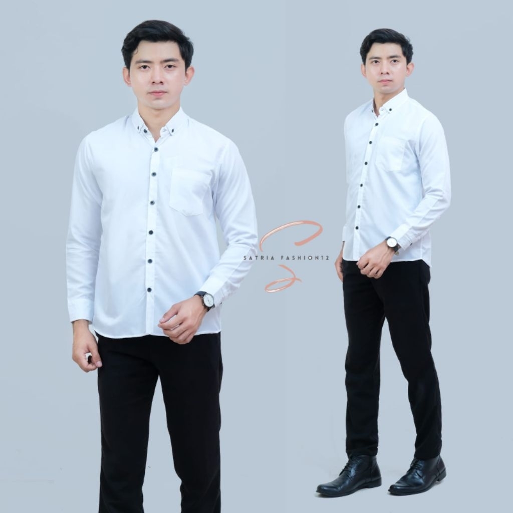 Kemeja Polos Pria Lengan Panjang Putih Slim Fit Kerja Kantor