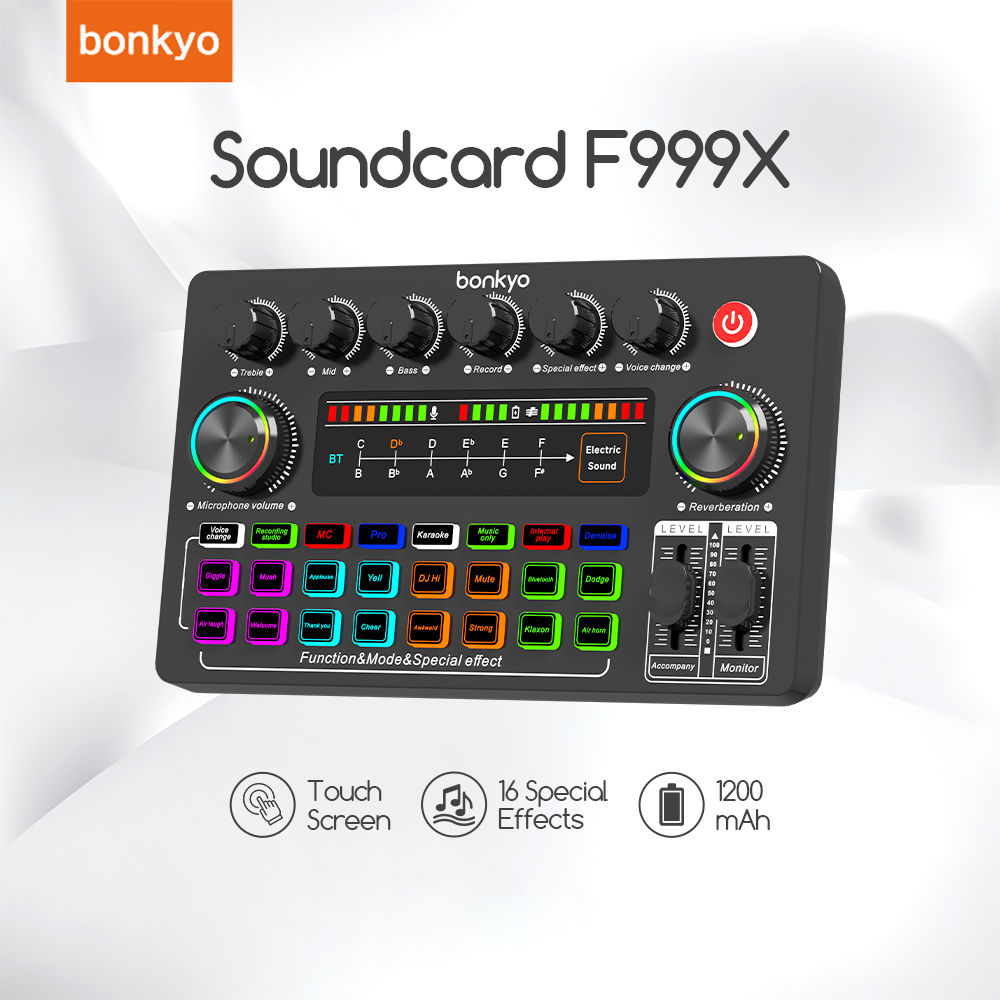 Bonkyo F999X sound card 5V: LED Touchscreen, Efek Terbaru untuk Penyanyi TikTok & Streamer Live