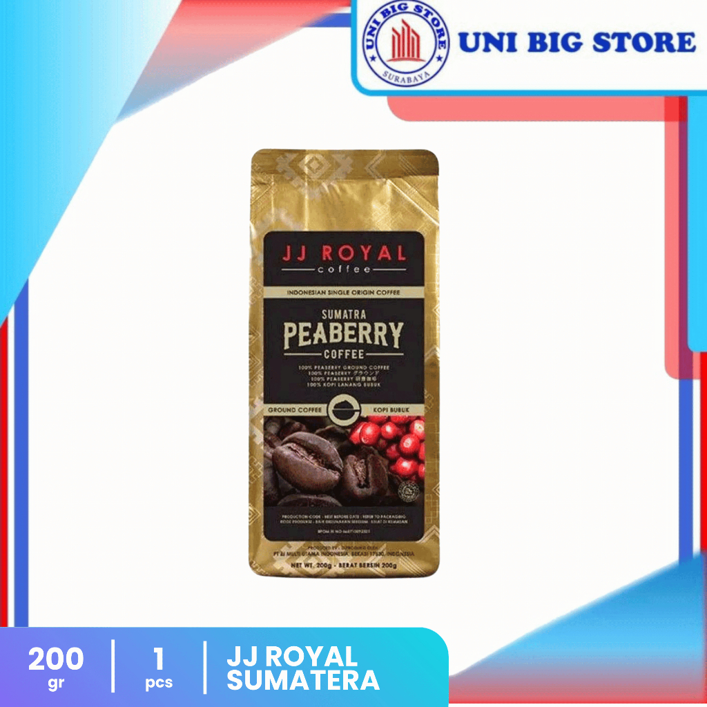 

JJ Royal Sumatra Robusta Ground Coffe Peaberry 200 gr Bubuk Kopi Bold Nutty Flavor With Lasting Sweetness