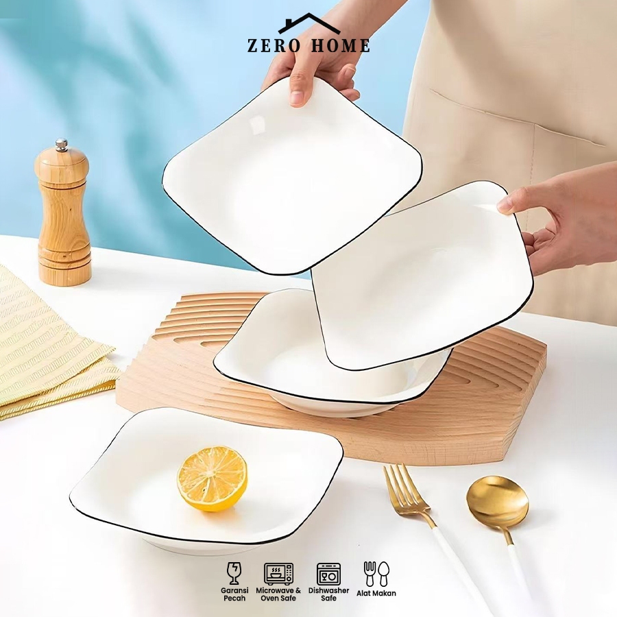 (ZERO HOME) Piring Makan Keramik Putih Persegi List Black Elegant / Piring Saji Kotak Mewah Elegant