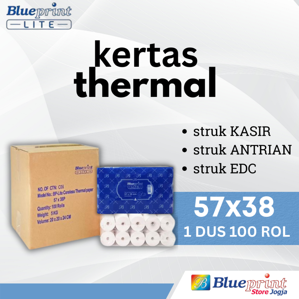 

DUS 100rol LITE 57x38 BLUEPRINT Kertas Thermal KASIR PPOB EDC Antrian Parkir Struk 58x38 57x40 58x40