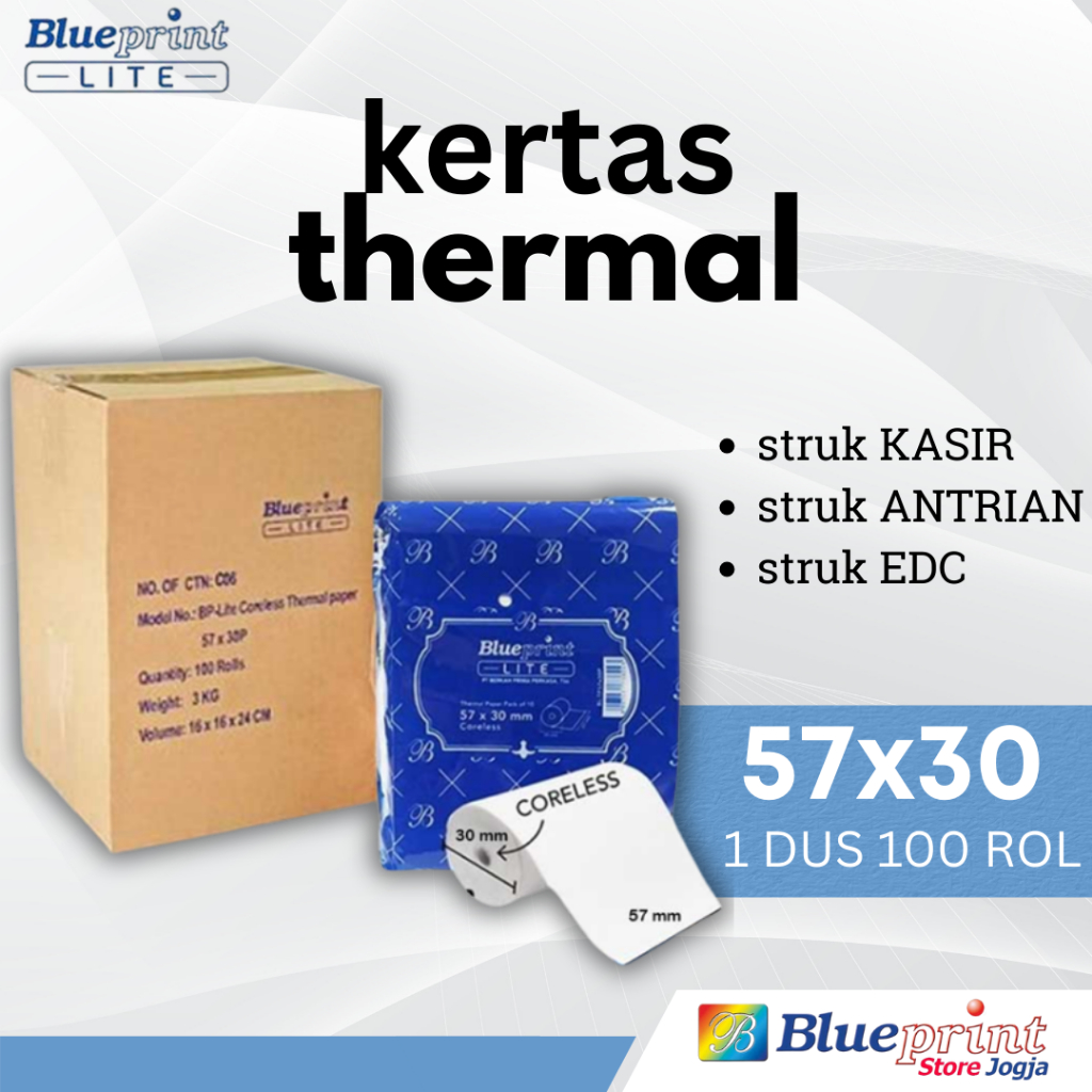 

DUS 100rol LITE 57x30 BLUEPRINT Kertas Thermal KASIR PPOB EDC Antrian Parkir Struk 58x30 57x31