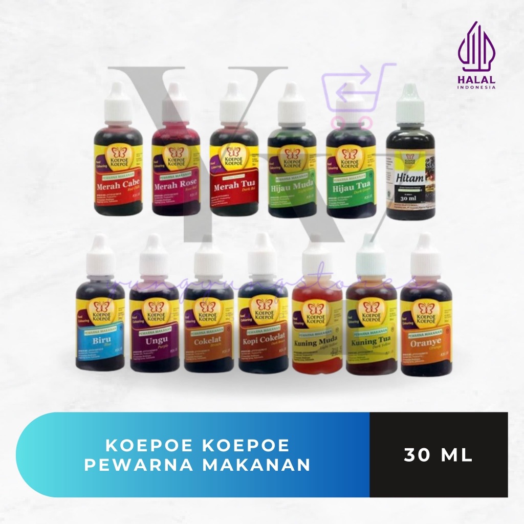 

Pewarna Makanan Koepoe Koepoe Merah Biru Kuning Hijau Cokelat Hitam Biru Oranye Ungu Tua Muda 30 ml