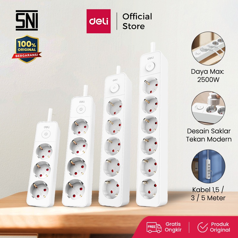 

Deli Stop Kontak 3/4/5/6 Lubang Kabel 1,5/3/5 Meter Saklar Switch Tahan Panas Child Safe Bergaransi ET75X